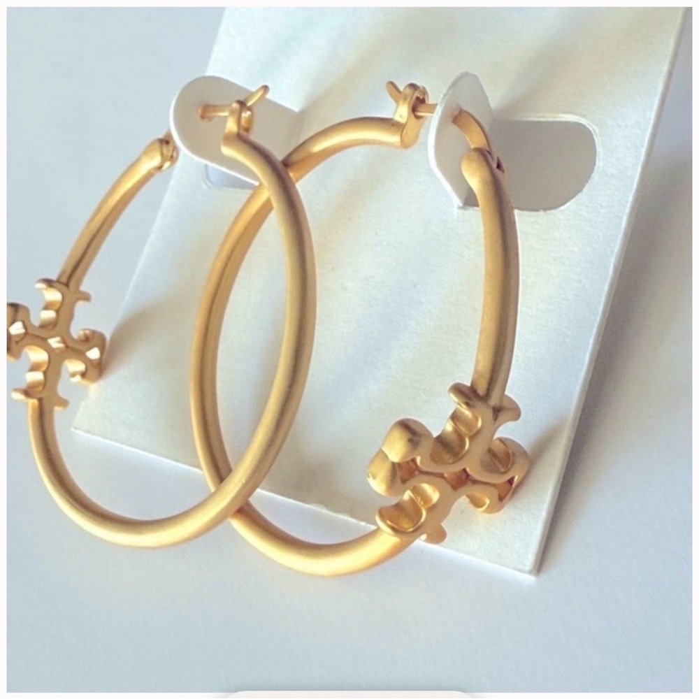 Tory Burch Kira Matte Gold Hoop Earrings - Picture 2 of 4